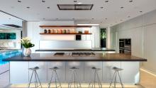 Valcucine Artematica kitchen shown from countertop seating of island.