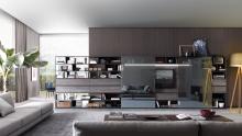 Urban modular living room system with sliding glass doors.