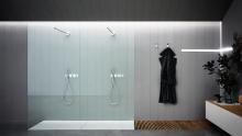 Type A1P shower with crystal glass vertical panel supported by one water pipe. Memory taps.