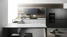 Forma Mentis kitchen in peninsular layout with boiserie shelving.
