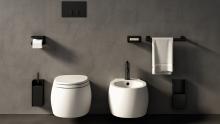 White Pear 2 toilet and bidet with black Fez mixer tap and Sen accessories.