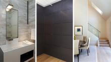 Powder room, foyer storage, and dining room stairway with skylight