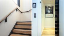 Steel and wooden stair wrapped around elevator core