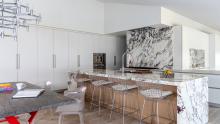 Kitchen using Pohlenz cabinetry and Thermador appliances, marble and porcelain tops with Galley sink and tap