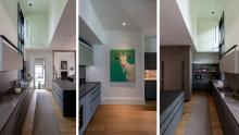 Three images of the kitchen looking between the island and main cooking area as well as the back pantry and wet bar.